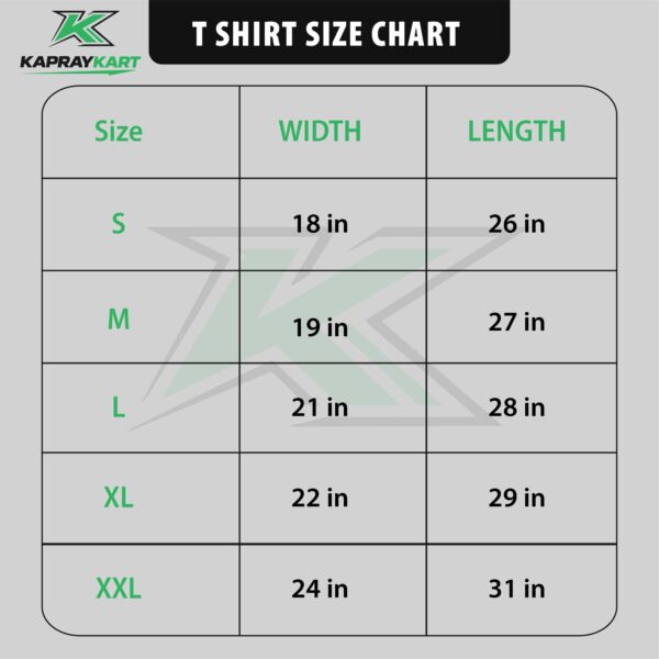 Kapray Kart t-shirt size chart S M L XL XXL measurements in inches