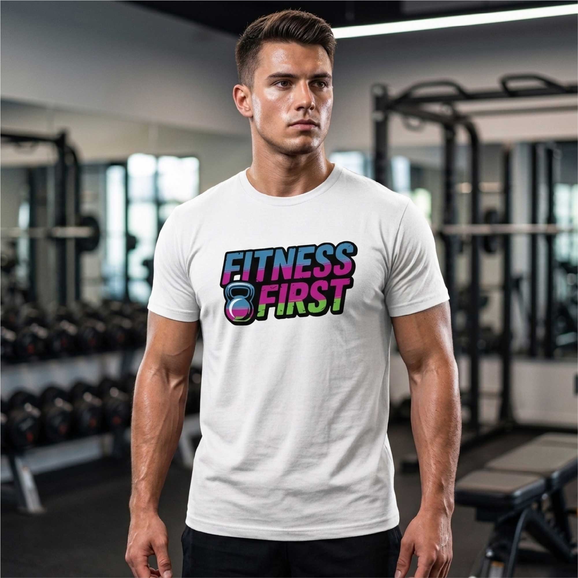 Man wearing Fitness First white gym t-shirt by Kapray Kart Pakistan