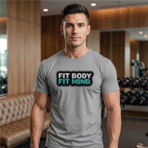 Man wearing Fit Body Fit Mind gray gym t-shirt by Kapray Kart Pakistan