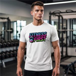 Man wearing Fitness First white gym t-shirt by Kapray Kart Pakistan