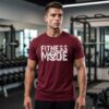 Man wearing Fitness Mode maroon gym t-shirt by Kapray Kart Pakistan