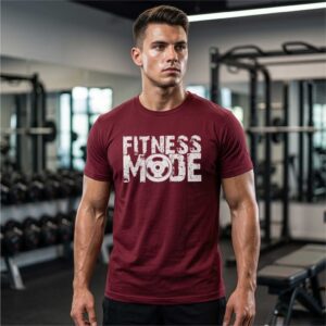 Man wearing Fitness Mode maroon gym t-shirt by Kapray Kart Pakistan